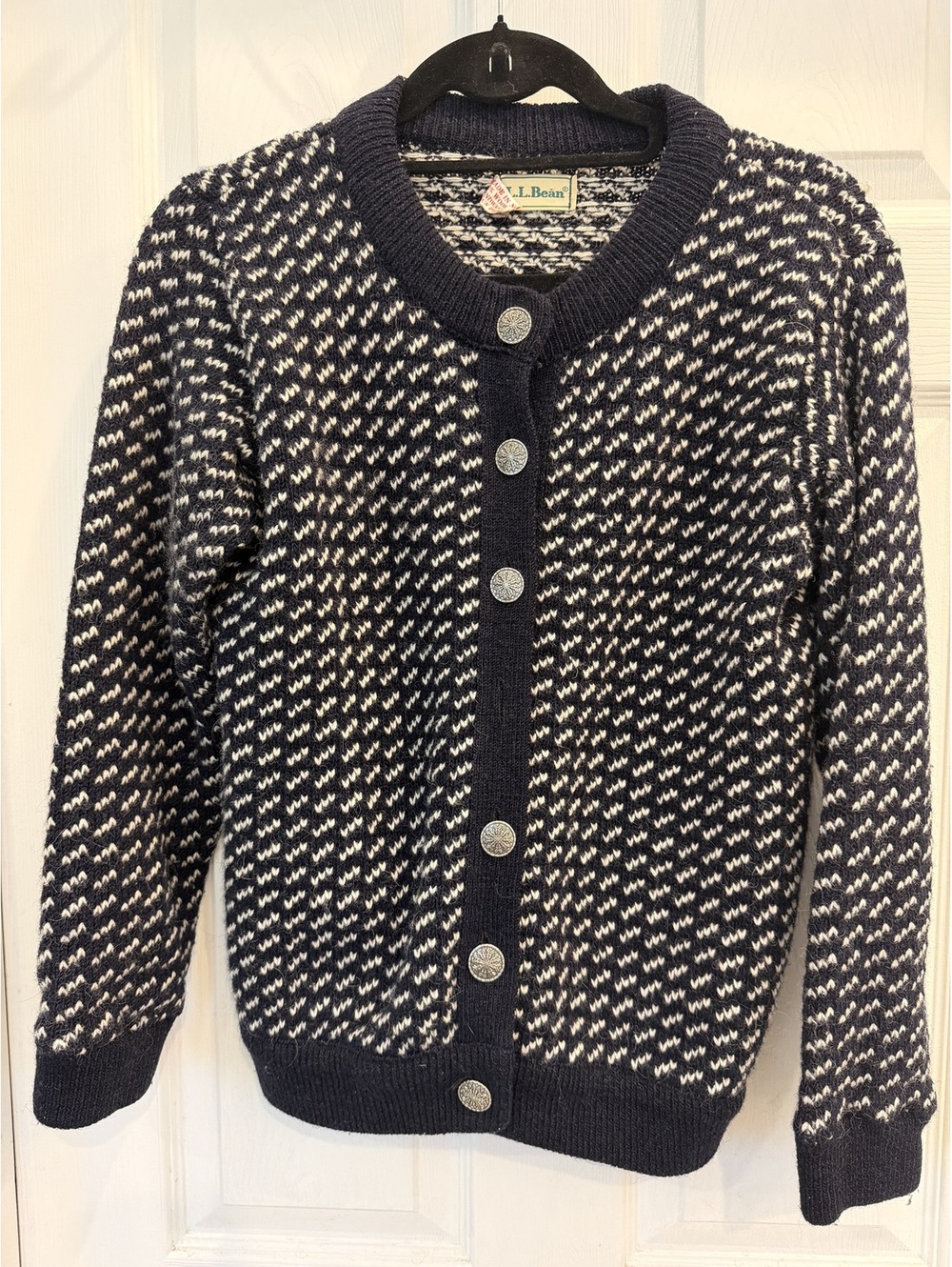 Vintage L.L.Bean Ladies Medium Navy and White Button-Up Cardigan Sweater - Picture 2 of 5